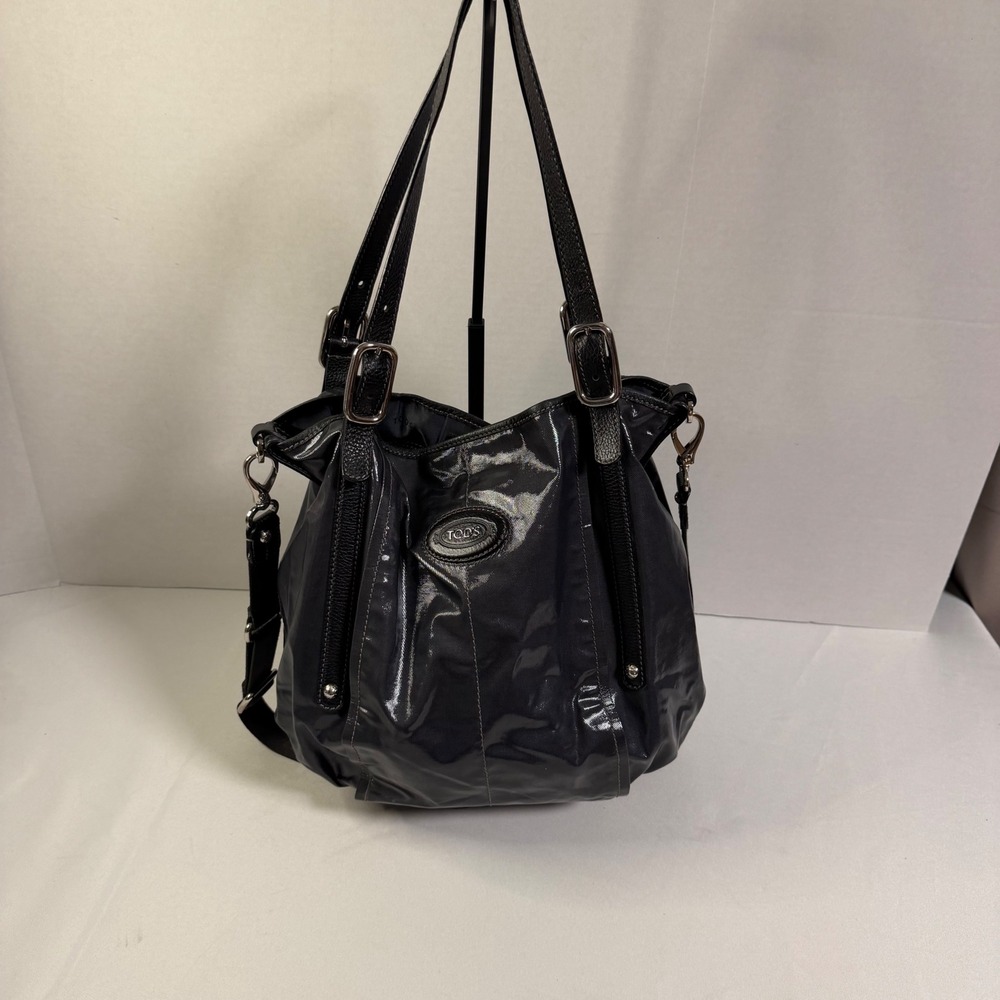 Tod's G-Bag Medium Tote Black Coated Canvas Leather Trim Adjustable Strap Luxury